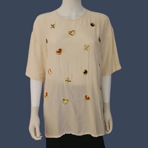 Vtg TRACY M 1980s Heart XO Metallic  Embroidered Cream Silk Top